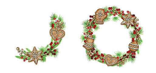 Christmas gingerbread cookies Wreath Greeting card, poster, banner concept. Round Frame of red berries on white background, New Year watercolor hand drawn illustration with copy space for text
