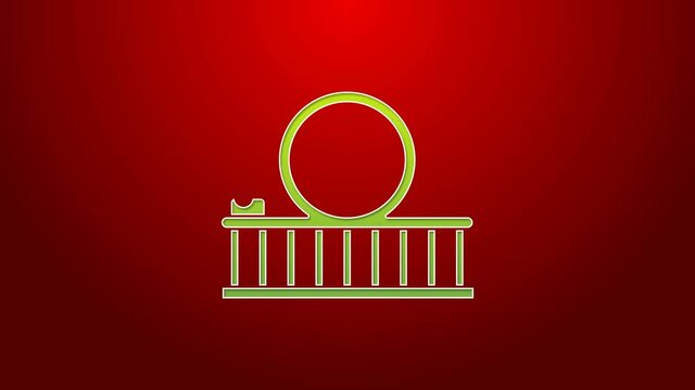 Green line Roller coaster icon isolated on red background. Amusement park. Childrens entertainment playground, recreation park. 4K Video motion graphic animation