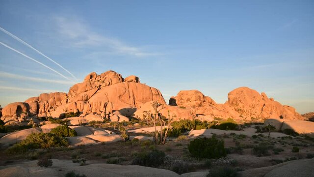 Timelapse of a clear, bright sunset in Joshua Tree National Park in California, United States of America. Desert view in the spring time. 