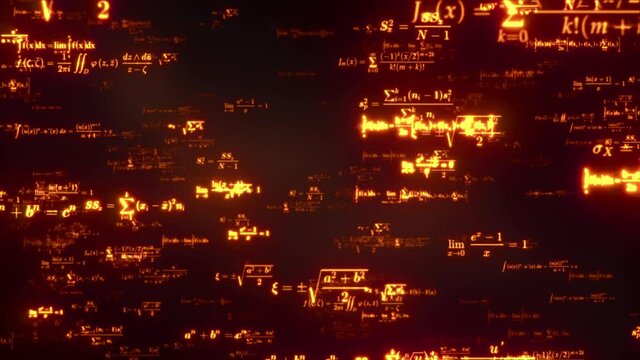 Glow science mathematics formulas flying from black backgrounds towards camera