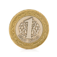 Turkish lira coin on white background