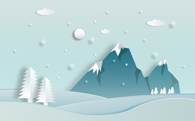 Fototapeta na wymiar Winter scenery landscape with snowy mountains, pines trees and hills in paper cut craft style design, vector illustration for winter sale banner, winter holiday banner, winter travel poster. 