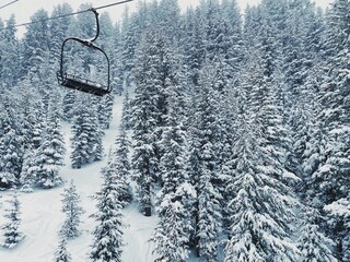Ski Lift on Snowy Day in Mammoth Lakes, California.