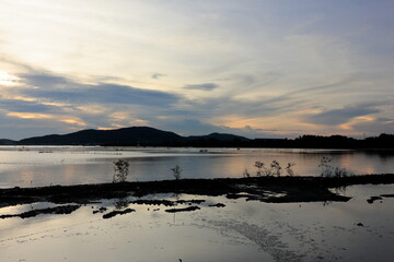 Set of pictures of sky, sunset, sea and mountains.
