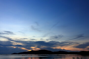 Set of pictures of sky, sunset, sea and mountains.