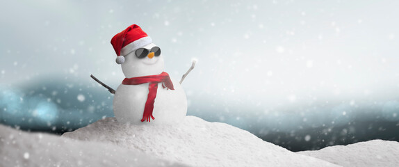Concept - happy snowman with sunglasses and santa hat in the north pole snow on Christmas day
