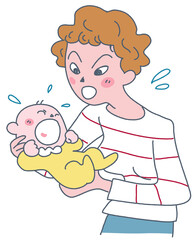 泣き止まない赤ん坊に慌てる母親

