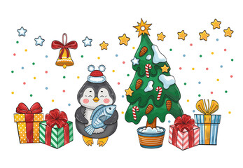 Cute baby penguin in Christmas red hat with fish. Happy funny cartoon animal character with surprise boxes and Christmas tree. New year poster or greeting card design. Hand drawn vector on white.