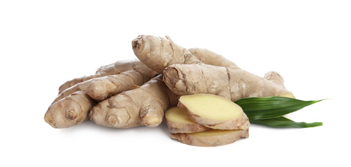 Whole and cut fresh ginger with leaves isolated on white