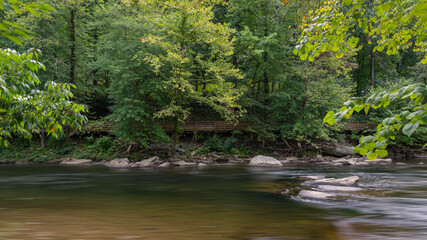 Fototapeta na wymiar Green trees create a canopy over a wooden bridge a long side a shallow river.