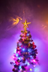 Christmas tree with festive lights, purple background with smoke