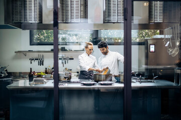 Professional chefs cooking in kitchen together