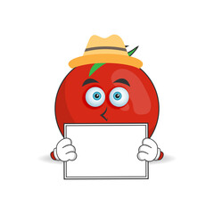 Tomato mascot character holding a white blackboard. vector illustration