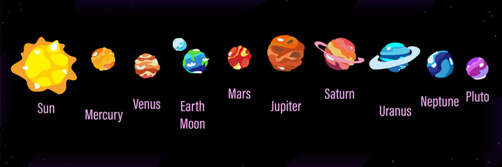 Cartoon planets solar system set, isolated on black background. Colorful flat style, planetary collection with names. Design for labels, logo, wallpapers, mobile backdrop. Vector illustration.