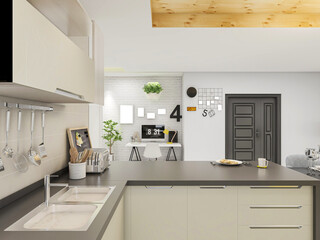 Spacious modern luxurious kitchen with bar design.