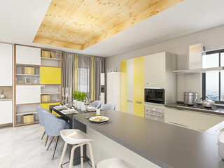 Spacious modern luxurious kitchen with bar design.