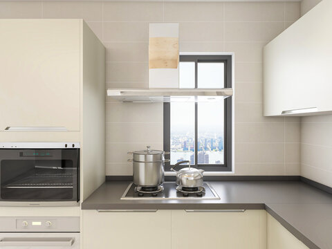 Modern family kitchen design, new cabinets and kitchenware with refrigerators, sunlight from the window.