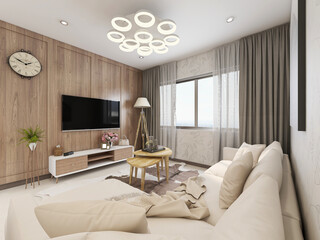 spacious living room design of modern residence, with sofa, tea table, decorative painting, etc