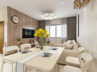 warm dining room area design, wooden table and chair