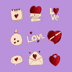 Set of collection love items icon on purple background