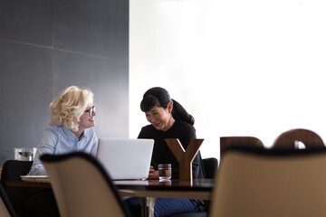 Smiling diverse businesswomen with laptop on meeting in hotel lobby