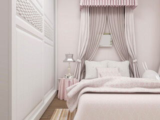 elegant and spacious bedroom design of modern apartment, overcoat cabinet beside the big bed, with dressing table and green plants