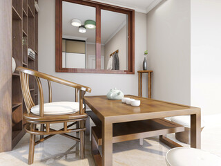 spacious and bright urban residential closed balcony design, green plants with wooden tables and chairs are leisure and comfortable.