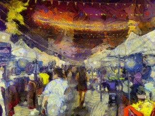 Night market in Thailand Illustrations creates an impressionist style of painting.