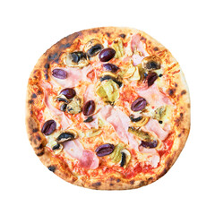 Delicious italian pizza isolated on white background. Top view