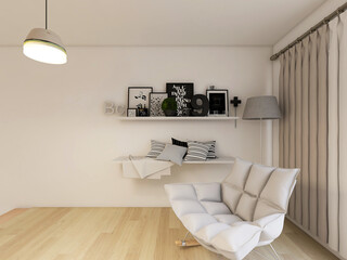 Fototapeta na wymiar elegant and spacious bedroom design of modern apartment, overcoat cabinet beside the big bed, with dressing table and green plants
