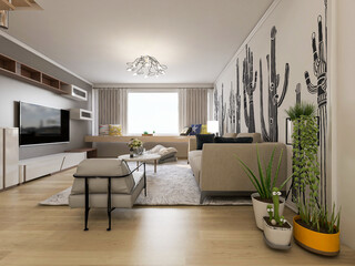 clean and tidy modern living room design, entrance with shoe cabinet, sofa, TV, table, leisure chair and other facilities