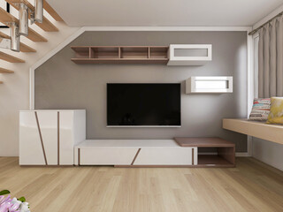 clean and tidy modern living room design, entrance with shoe cabinet, sofa, TV, table, leisure chair and other facilities