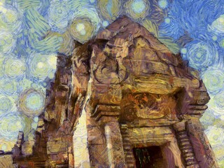 Landscape of ancient stone castle in Thailand Illustrations creates an impressionist style of painting.