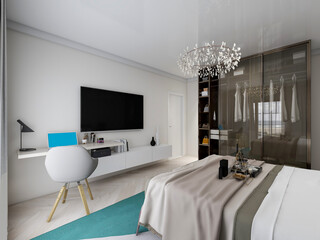 elegant and spacious bedroom design of modern apartment, overcoat cabinet beside the big bed, with dressing table and green plants