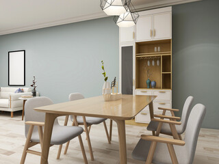 spacious dining room design next to the modern kitchen, with a beautiful dining table and greenery