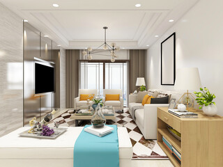 clean and tidy modern living room design, entrance with shoe cabinet, sofa, TV, table, leisure chair and other facilities