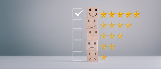 feedback rating and positive customer review experience, service and Satisfaction, wood block with...