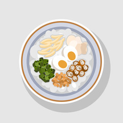 bubur ayam (chicken porridge), Indonesian traditional food with peanut, slice fried tofu, boiled egg and krupuk (prawn crackers) vector illustration