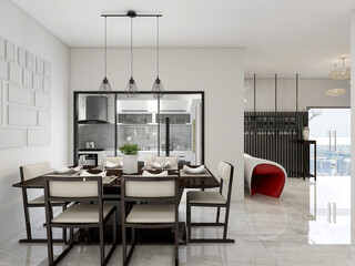 spacious dining room design next to the modern kitchen, with a beautiful dining table and greenery