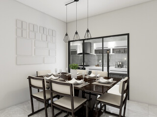 spacious dining room design next to the modern kitchen, with a beautiful dining table and greenery