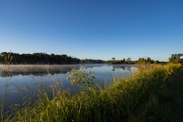 foggy lake in  morning