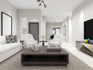 spacious living room design of modern residence, with sofa, tea table, decorative painting, etc