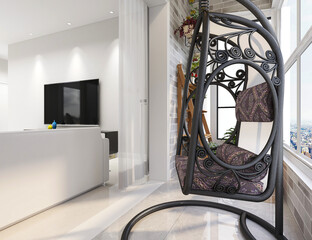 spacious and bright urban residential enclosed balcony design, green plants and household appliances look casual and comfortable