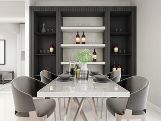 spacious dining room design next to the modern kitchen, with a beautiful dining table and greenery