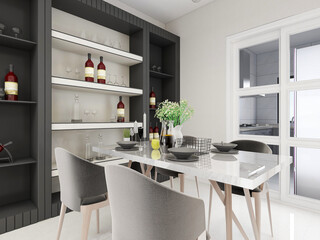 spacious dining room design next to the modern kitchen, with a beautiful dining table and greenery