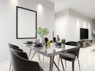 spacious dining room design next to the modern kitchen, with a beautiful dining table and greenery