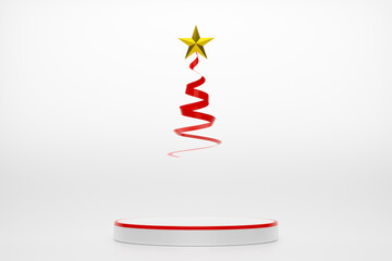 Podium empty and Christmas tree with gift box and ornaments in white composition for modern stage display and minimalist mockup ,Concept Christmas and a festive New Year, 3d illustration or 3d render