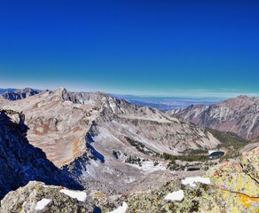 View of Pfeifferhorn peak and Lone Peak Wilderness mountain landscape from White Baldy and Pfeifferhorn trail, towards Salt Lake Valley, Wasatch Rocky mountain range, Utah, United States. 