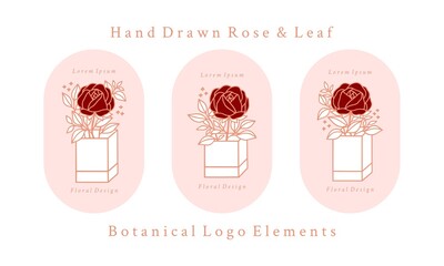 Hand drawn vintage pink botanical rose flower logo template and feminine beauty brand element collection