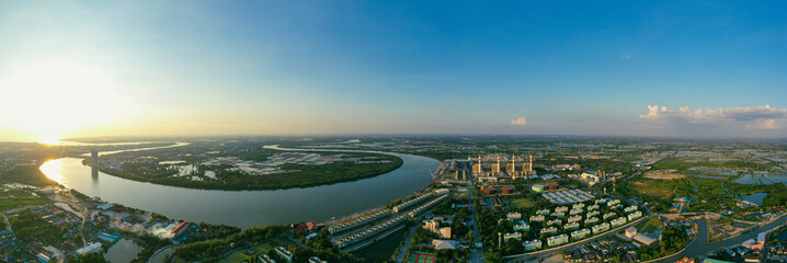 Panorama aerial view evening time scene of gas power plant. Thermal power plants and fuel oil